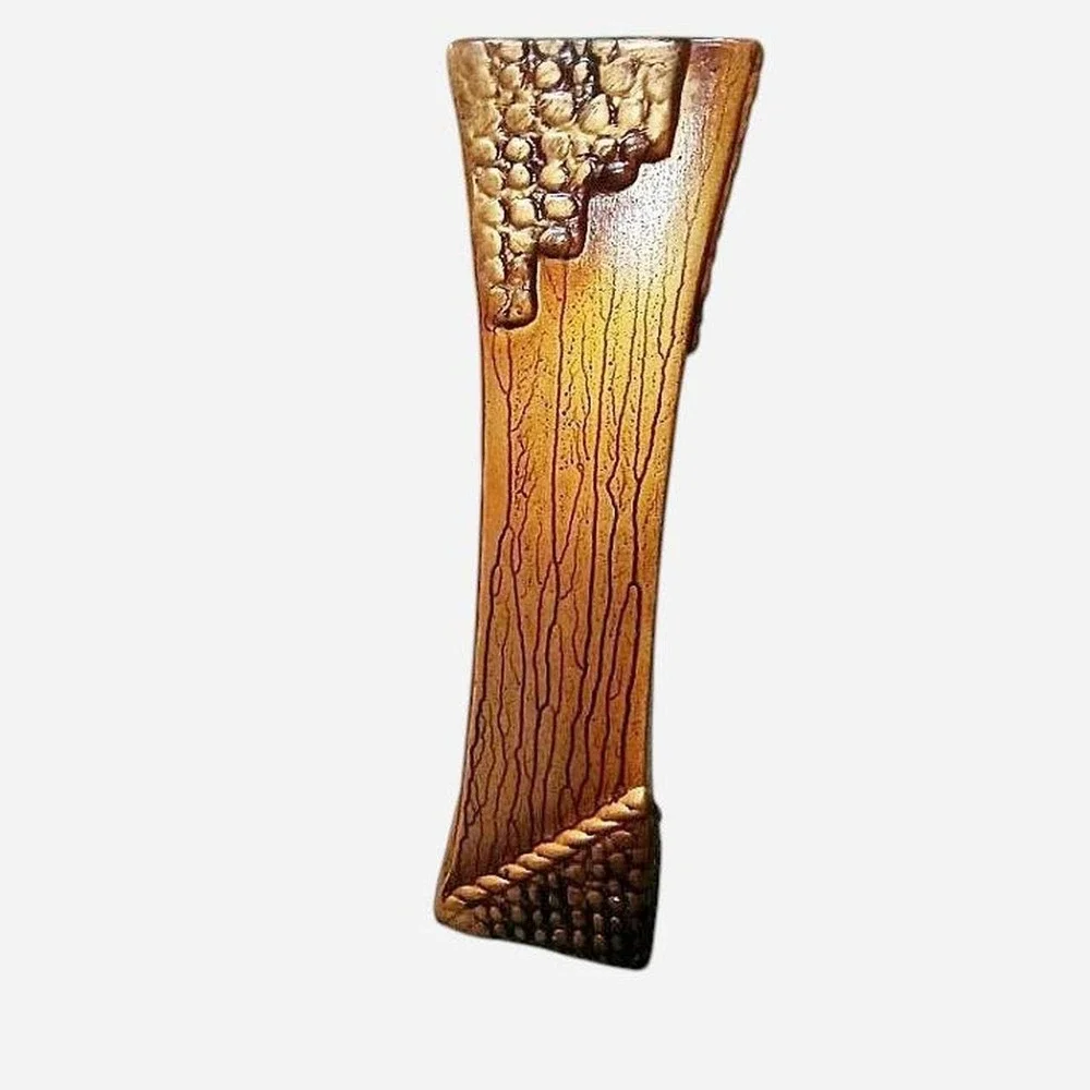 Vintage 1970 Art Nouveau Style Brown And Gold Textured Handmade Pottery Vase MCM